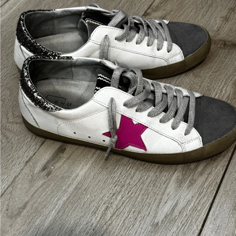 SHUSHOP Paris Pink Star Sneakers Glitter Heel Distressed Golden Goose Style - Picture 3 of 6